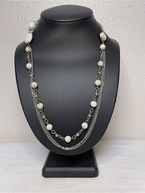 Silver Multi-Strand Necklace with Cream Marble Beads 19.5”